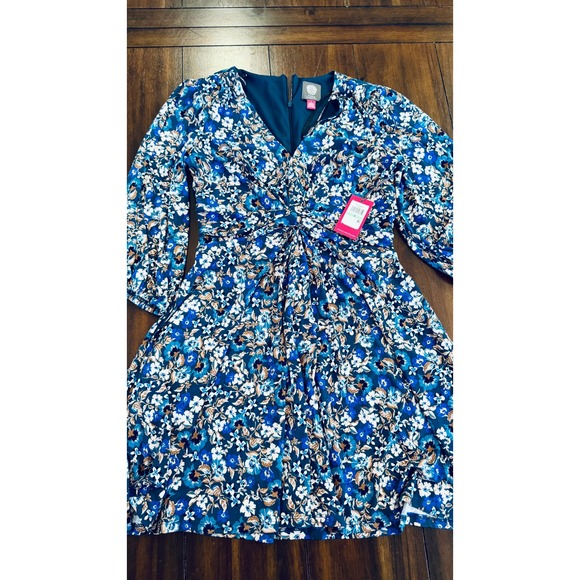 Vince Camuto Floral Print‎ Twist Front 3/4 Sleeve Dress Blue Size 8 - New - NWT - Picture 4 of 5